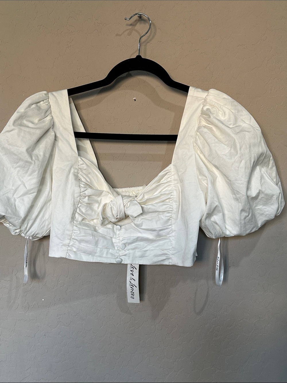 For Love & Lemons White Puff Sleeve Crop Top with Front Knot